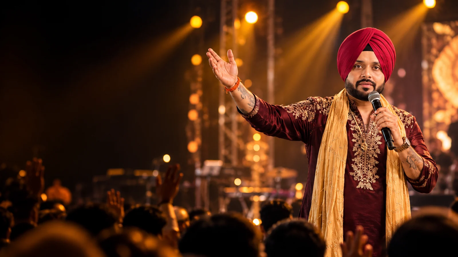 Performer in maroon turban addressing an engaged crowd from the stage